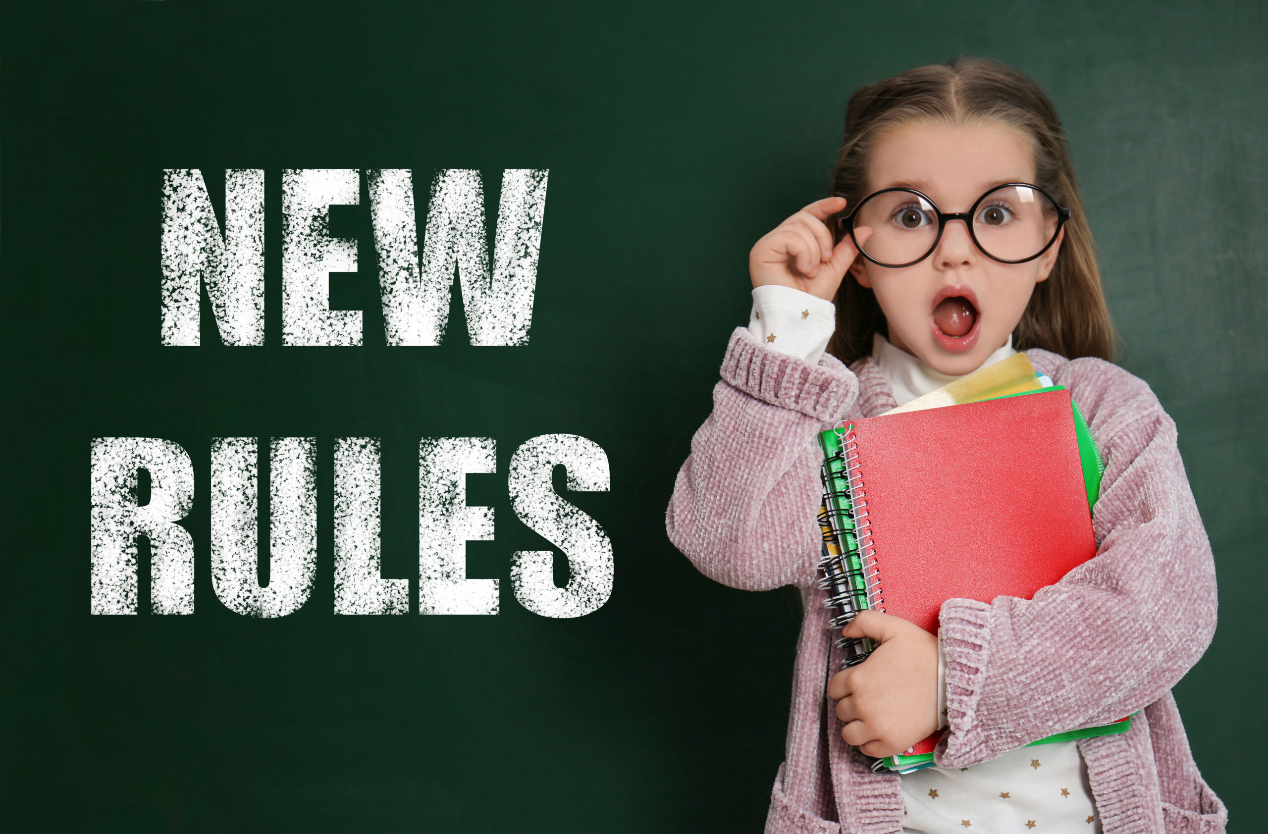 Cute,Little,Child,Near,Text,New,Rules,Written,On,Green